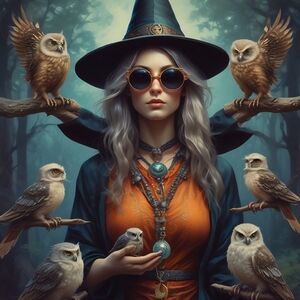 Mystical Witch and Owls Art Print